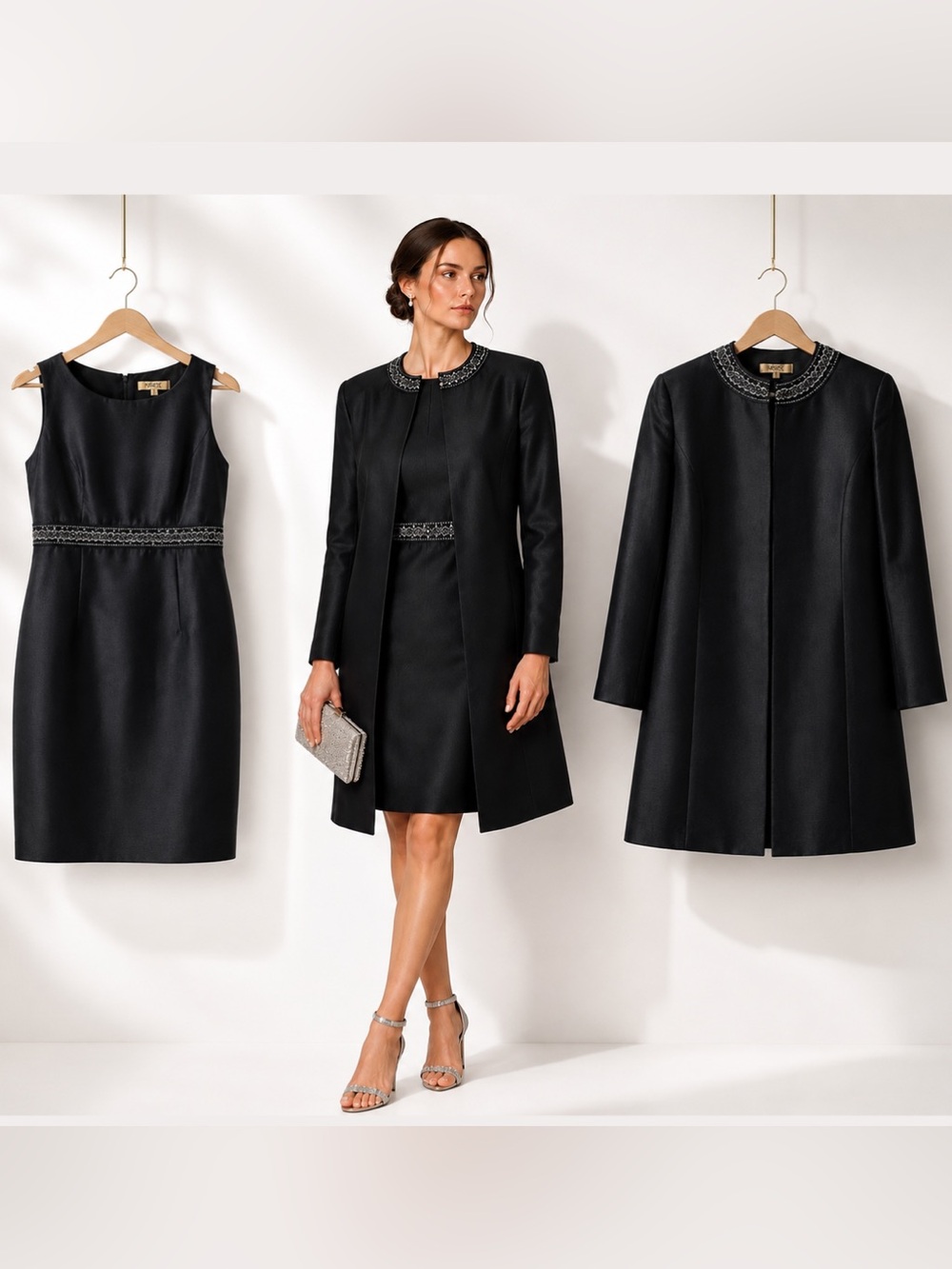 Kasper Black Sheath Dress Suit Set Blazer Jacket Coat Beaded Formal Old Money 4